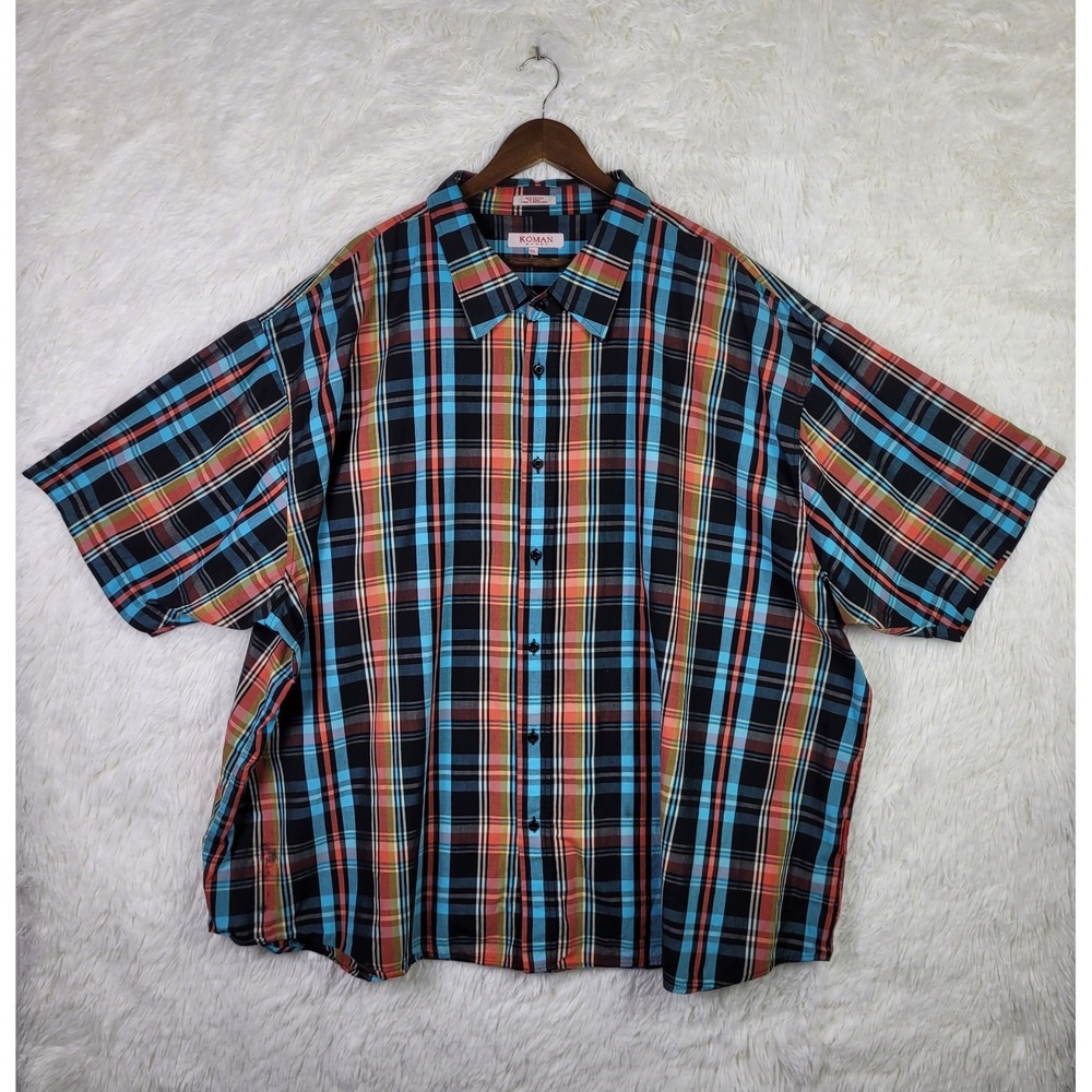 Koman Sport Mens 5XL Plaid Short Sleeve Button Down Shirt Blue Orange Cotton